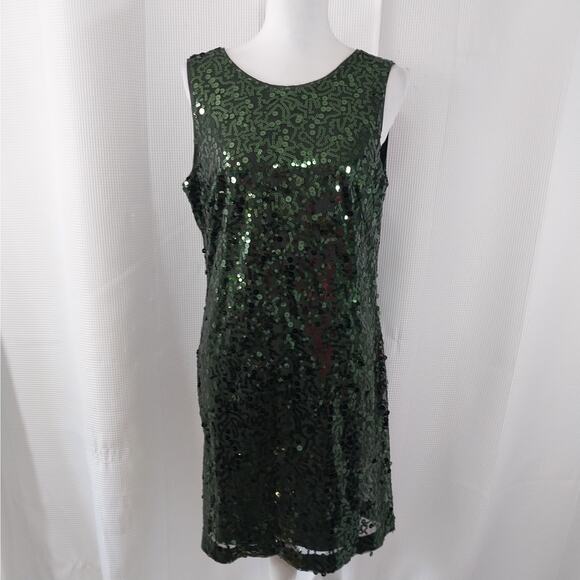 JESSICA SIMPSON! SPARKLING FAB EMERALD GREEN NET, SEQUINNED OVERALL DRESS! SZ 12 - Picture 2 of 11